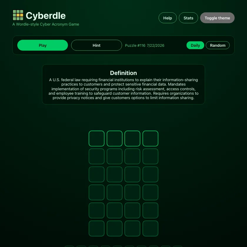 Cyberdle showing a cybersecurity definition above an empty six-row guess grid.