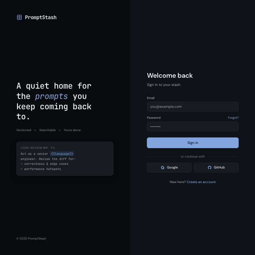 PromptStash welcome screen with email, Google, and GitHub sign-in options.