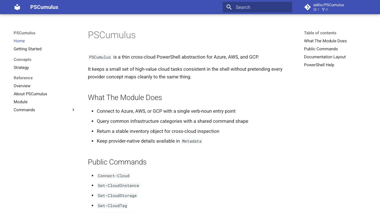 PSCumulus documentation introducing a cross-cloud PowerShell module for Azure, AWS, and GCP.