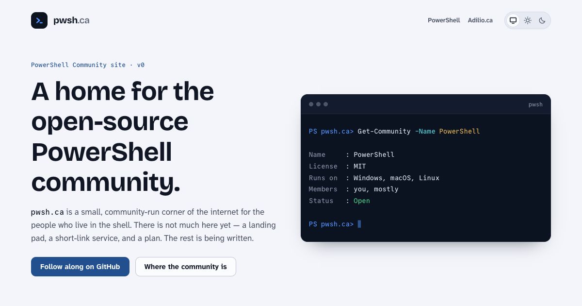pwsh.ca homepage introducing a community-run home for the open-source PowerShell community beside a terminal-style project summary.