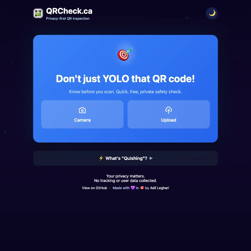 QRCheck interface with camera and upload options for checking a QR code safely.