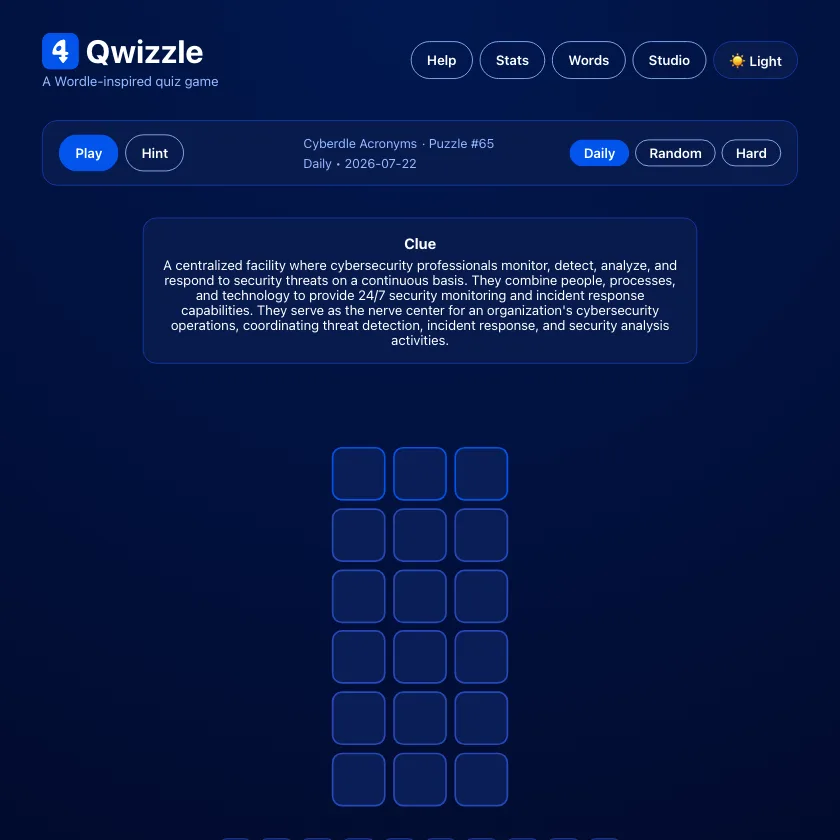 Qwizzle in dark mode with a clue and an empty word guessing grid.