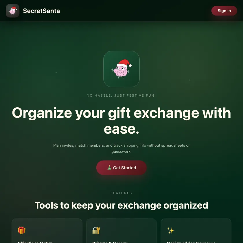 Secret Santa home page with a Santa-hatted mascot on a deep green background.